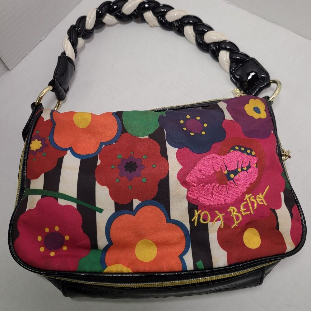 Vintage Rare Betseyville by Betsey Johnson Striped Floral Bag Lips Studded Y2K